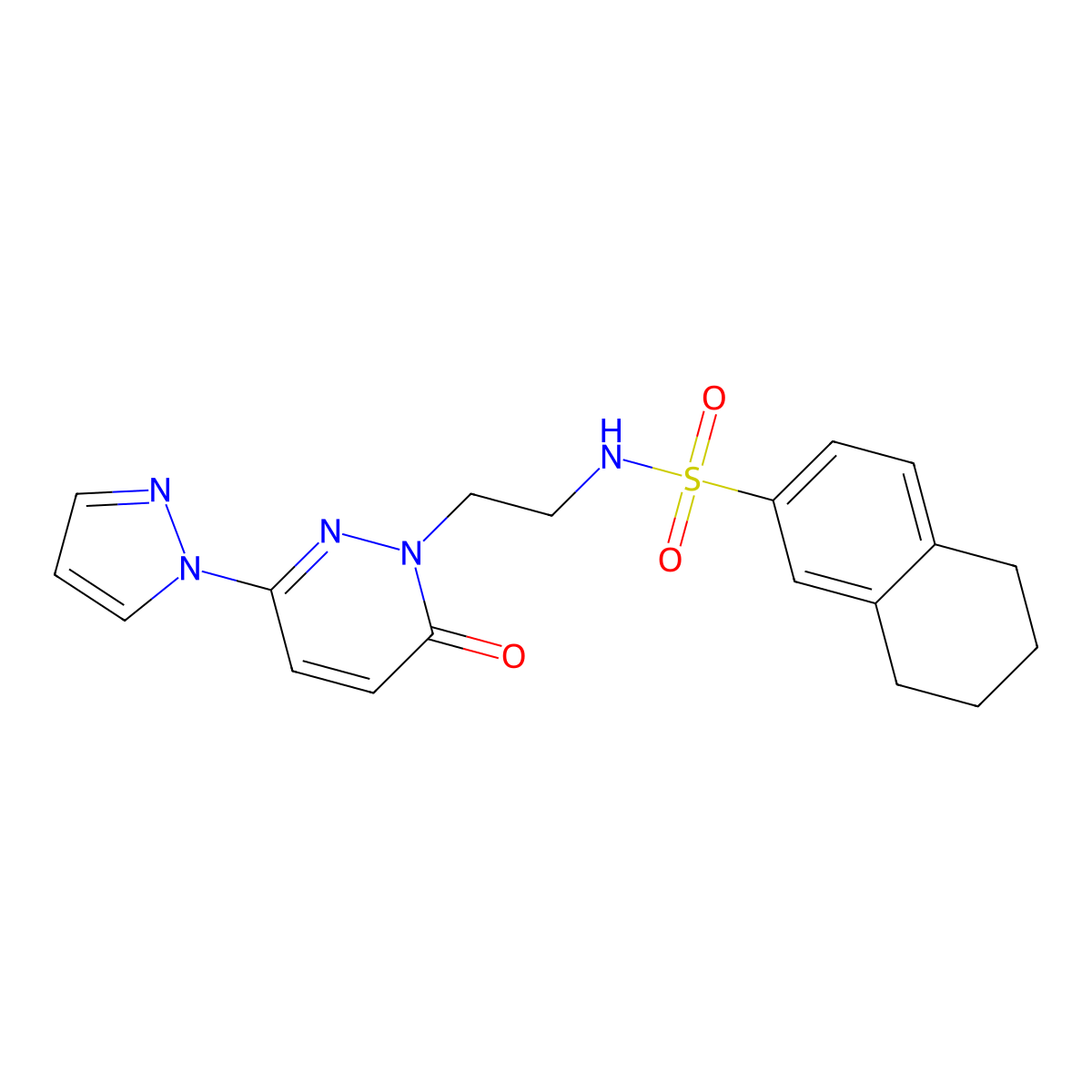 N-(2-(6-oxo-3-(1H-pyrazol-1-yl)pyridazin-1(6H)-yl)ethyl)-5,6,7,8-tetrahydronaphthalene-2-sulfonamide molecular structure, CAS 1351609-54-5