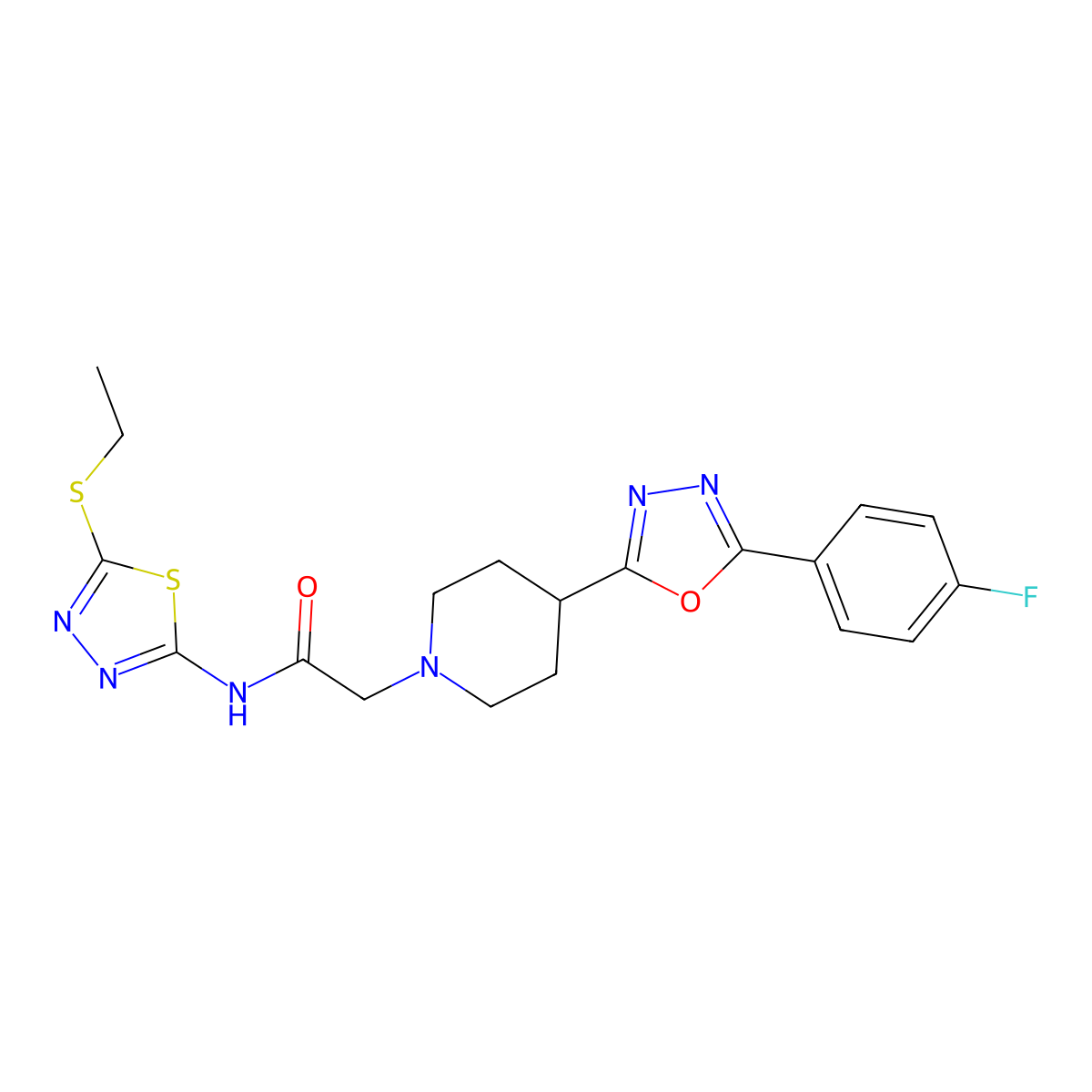 N-(5-(ethylthio)-1,3,4-thiadiazol-2-yl)-2-(4-(5-(4-fluorophenyl)-1,3,4-oxadiazol-2-yl)piperidin-1-yl)acetamide molecular structure, CAS 1351609-55-6