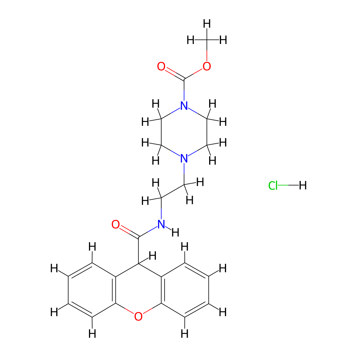 methyl 4-(2-(9H-xanthene-9-carboxamido)ethyl)piperazine-1-carboxylate hydrochloride molecular structure, CAS 1351609-57-8