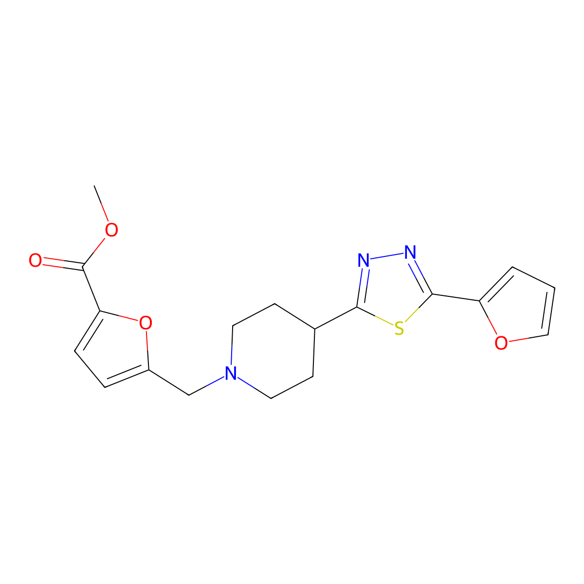 Methyl 5-({4-[5-(furan-2-yl)-1,3,4-thiadiazol-2-yl]piperidin-1-yl}methyl)furan-2-carboxylate molecular structure, CAS 1351609-59-0