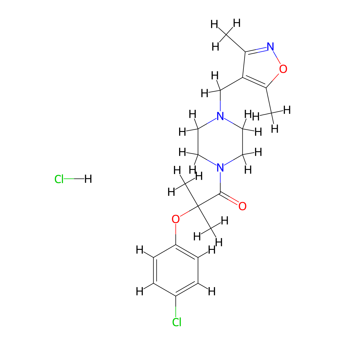 2-(4-Chlorophenoxy)-1-(4-((3,5-dimethylisoxazol-4-yl)methyl)piperazin-1-yl)-2-methylpropan-1-one hydrochloride molecular structure, CAS 1351609-64-7