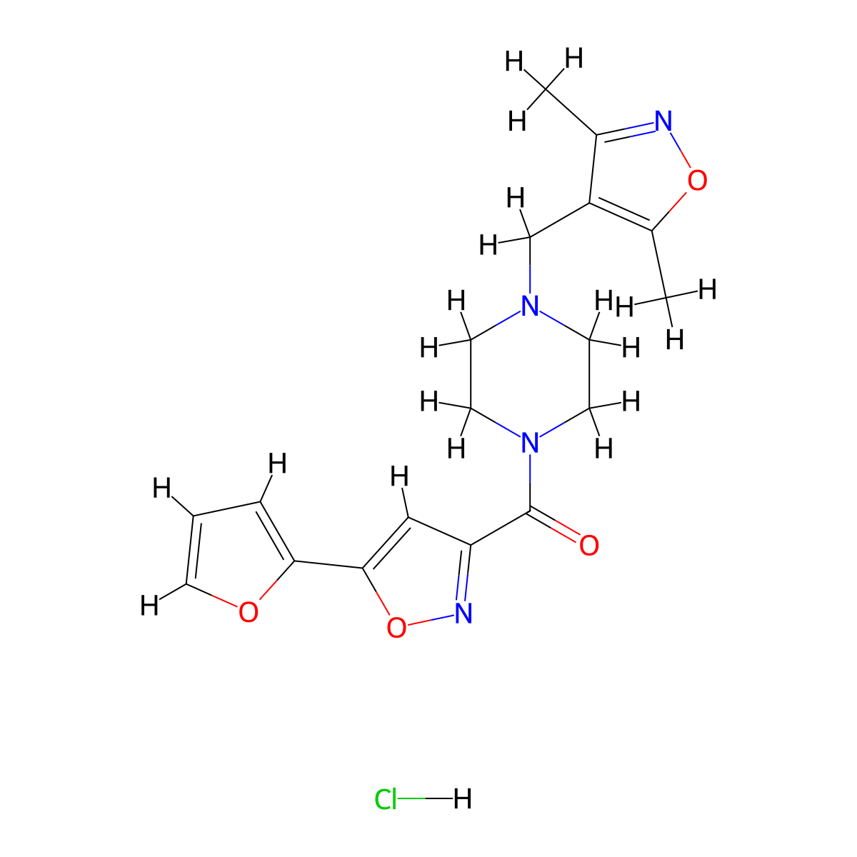 (4-((3,5-Dimethylisoxazol-4-yl)methyl)piperazin-1-yl)(5-(furan-2-yl)isoxazol-3-yl)methanone hydrochloride molecular structure, CAS 1351609-72-7