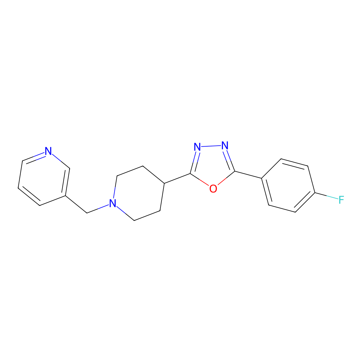 3-({4-[5-(4-Fluorophenyl)-1,3,4-oxadiazol-2-yl]piperidin-1-yl}methyl)pyridine molecular structure, CAS 1351609-89-6