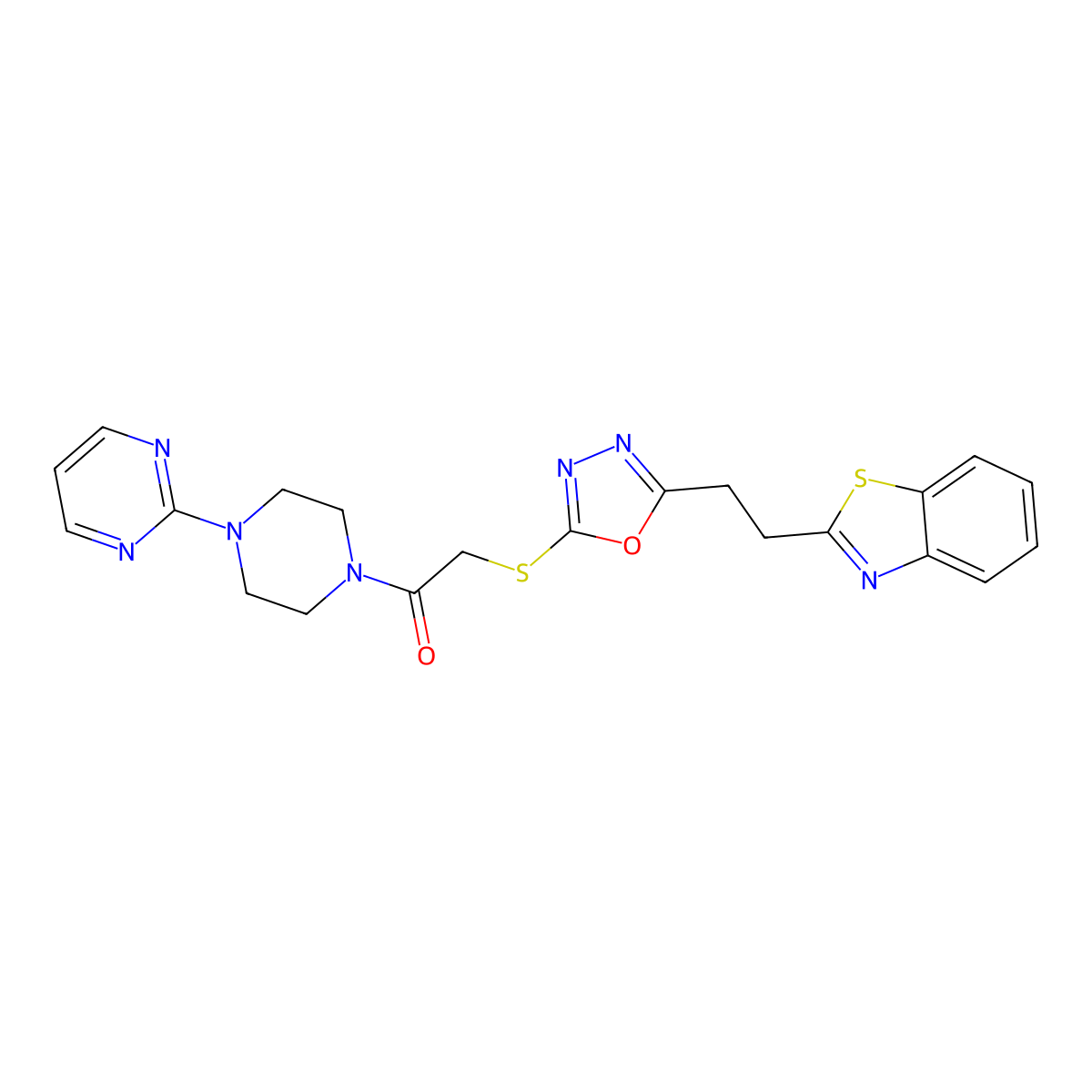 2-((5-(2-(Benzo[d]thiazol-2-yl)ethyl)-1,3,4-oxadiazol-2-yl)thio)-1-(4-(pyrimidin-2-yl)piperazin-1-yl)ethanone molecular structure, CAS 1351610-04-2