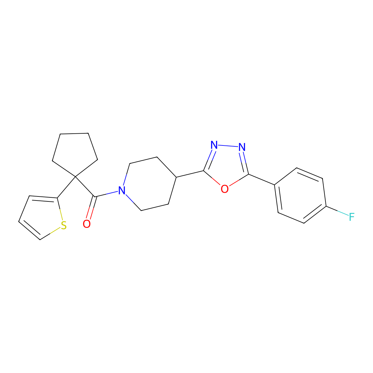(4-(5-(4-Fluorophenyl)-1,3,4-oxadiazol-2-yl)piperidin-1-yl)(1-(thiophen-2-yl)cyclopentyl)methanone molecular structure, CAS 1351610-11-1