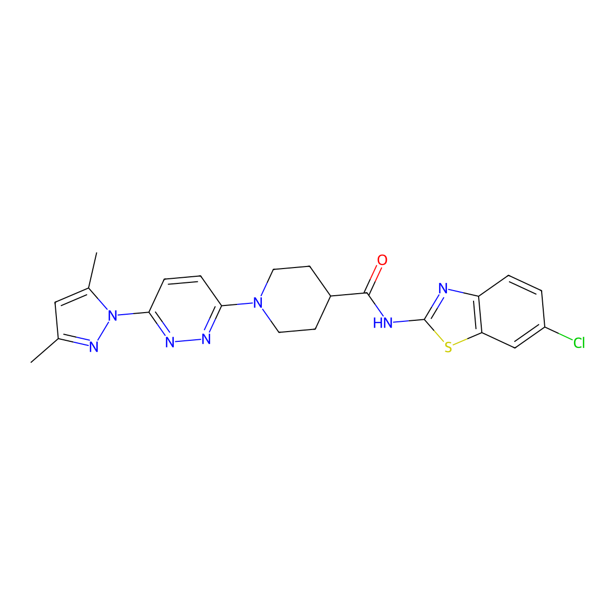 N-(6-chlorobenzo[d]thiazol-2-yl)-1-(6-(3,5-dimethyl-1H-pyrazol-1-yl)pyridazin-3-yl)piperidine-4-carboxamide molecular structure, CAS 1351610-26-8