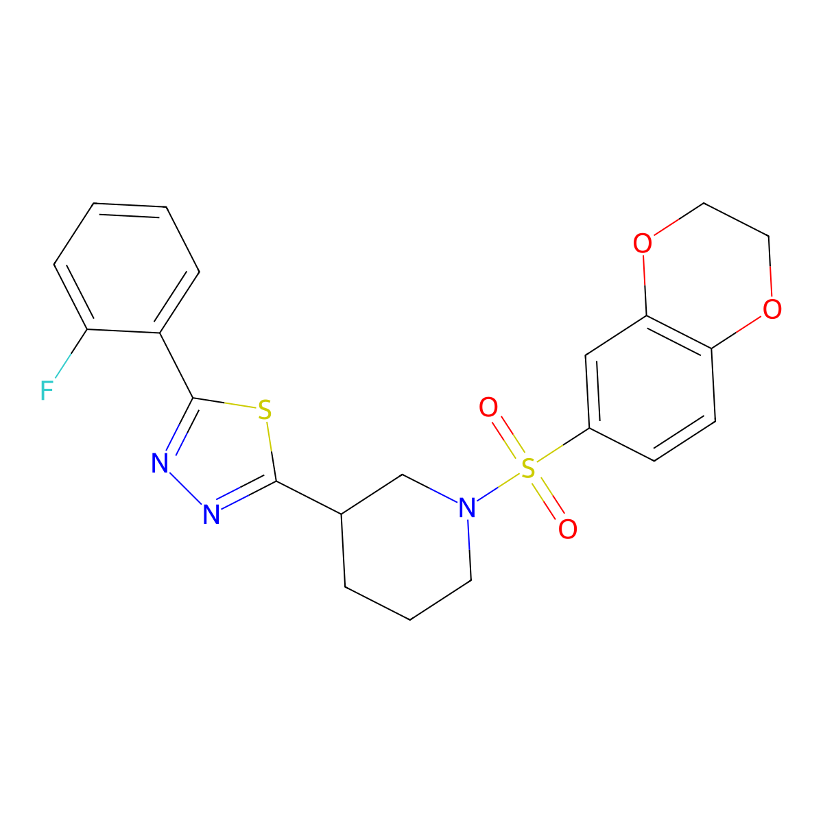 2-(1-((2,3-Dihydrobenzo[b][1,4]dioxin-6-yl)sulfonyl)piperidin-3-yl)-5-(2-fluorophenyl)-1,3,4-thiadiazole molecular structure, CAS 1351610-27-9