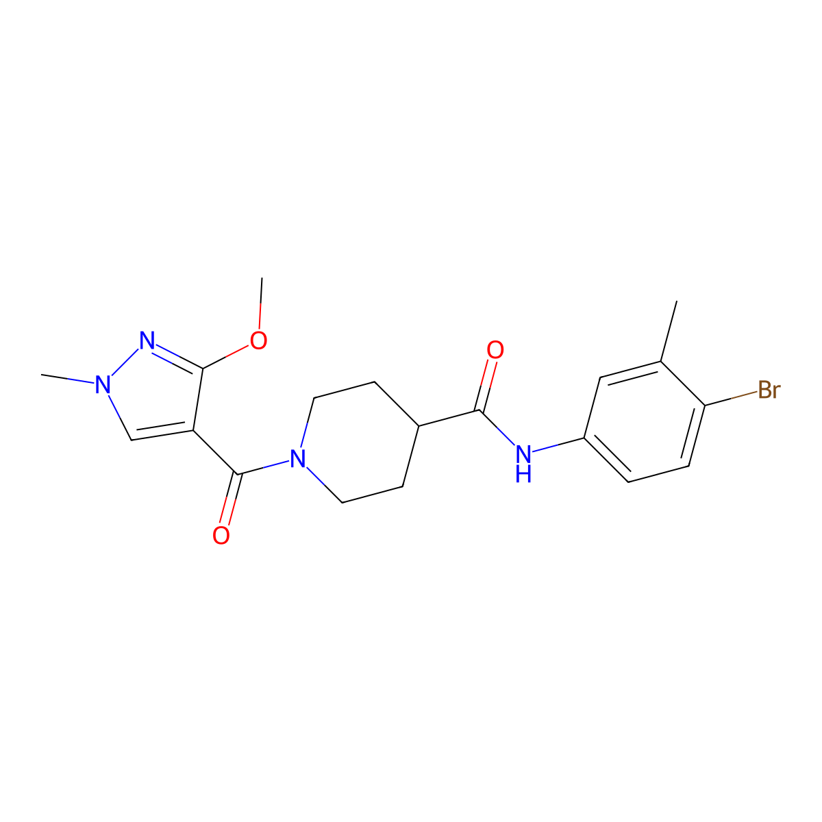 N-(4-bromo-3-methylphenyl)-1-(3-methoxy-1-methyl-1H-pyrazole-4-carbonyl)piperidine-4-carboxamide molecular structure, CAS 1351610-37-1