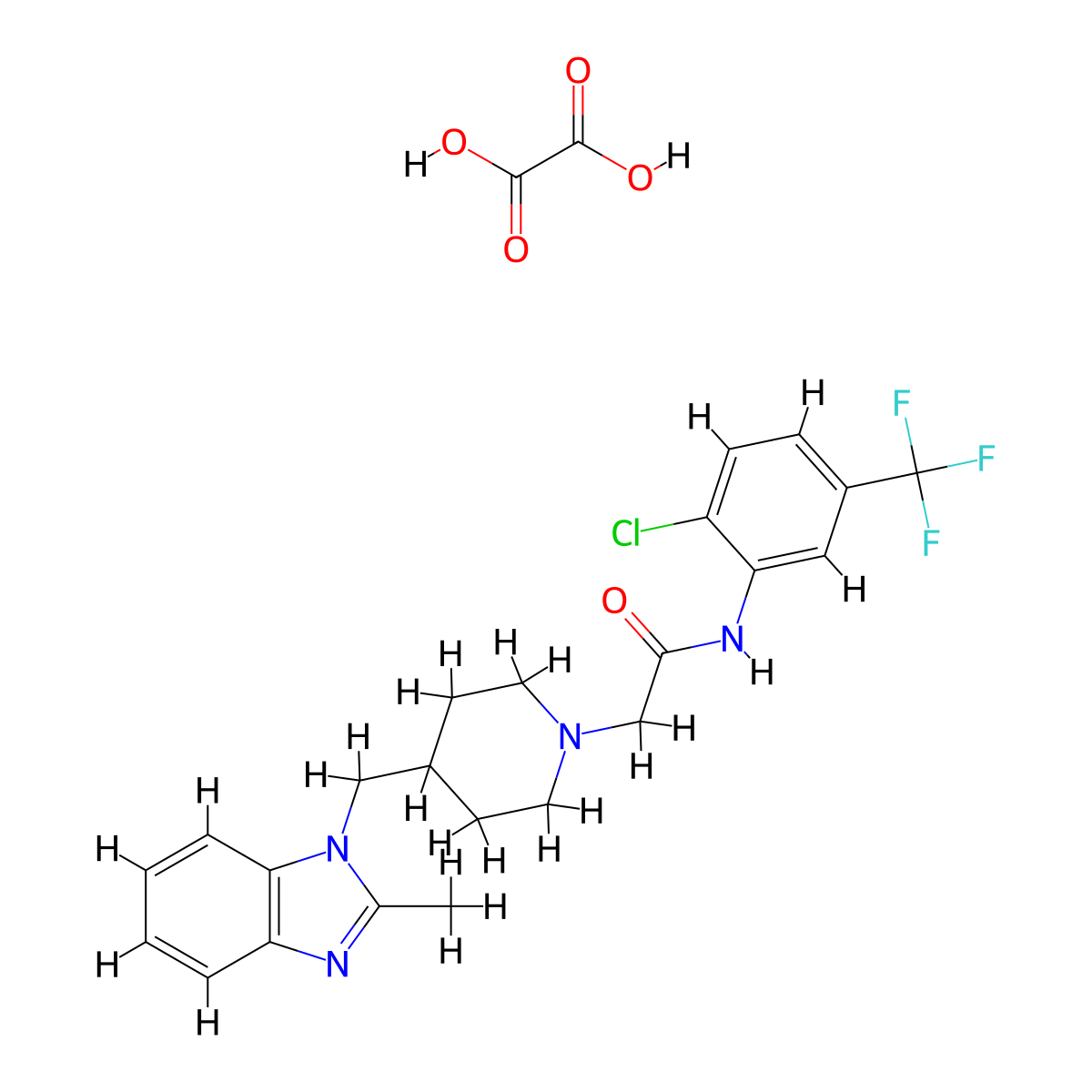 N-(2-chloro-5-(trifluoromethyl)phenyl)-2-(4-((2-methyl-1H-benzo[d]imidazol-1-yl)methyl)piperidin-1-yl)acetamide oxalate molecular structure, CAS 1351610-41-7