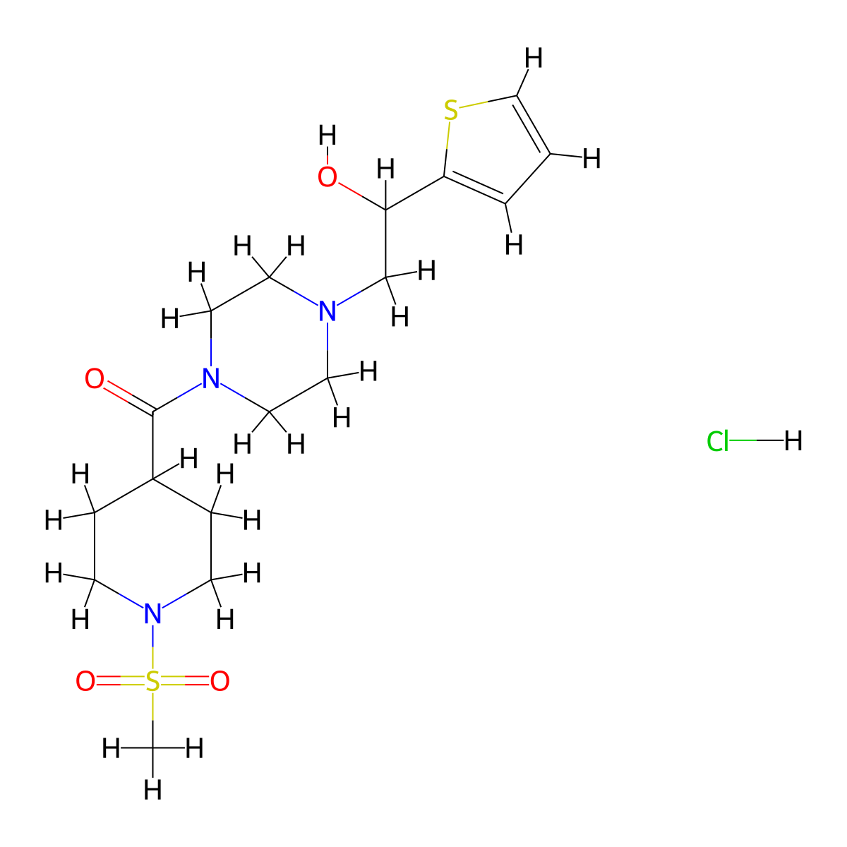 (4-(2-Hydroxy-2-(thiophen-2-yl)ethyl)piperazin-1-yl)(1-(methylsulfonyl)piperidin-4-yl)methanone hydrochloride molecular structure, CAS 1351610-64-4