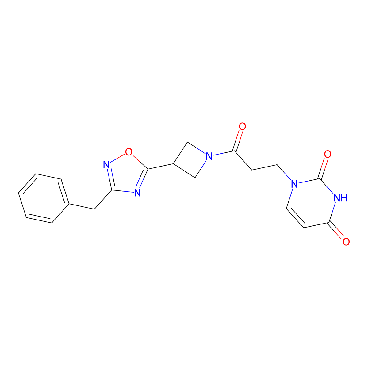 1-(3-(3-(3-benzyl-1,2,4-oxadiazol-5-yl)azetidin-1-yl)-3-oxopropyl)pyrimidine-2,4(1H,3H)-dione molecular structure, CAS 1351610-69-9