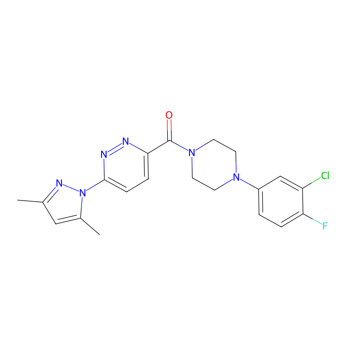 (4-(3-chloro-4-fluorophenyl)piperazin-1-yl)(6-(3,5-dimethyl-1H-pyrazol-1-yl)pyridazin-3-yl)methanone molecular structure, CAS 1351610-70-2
