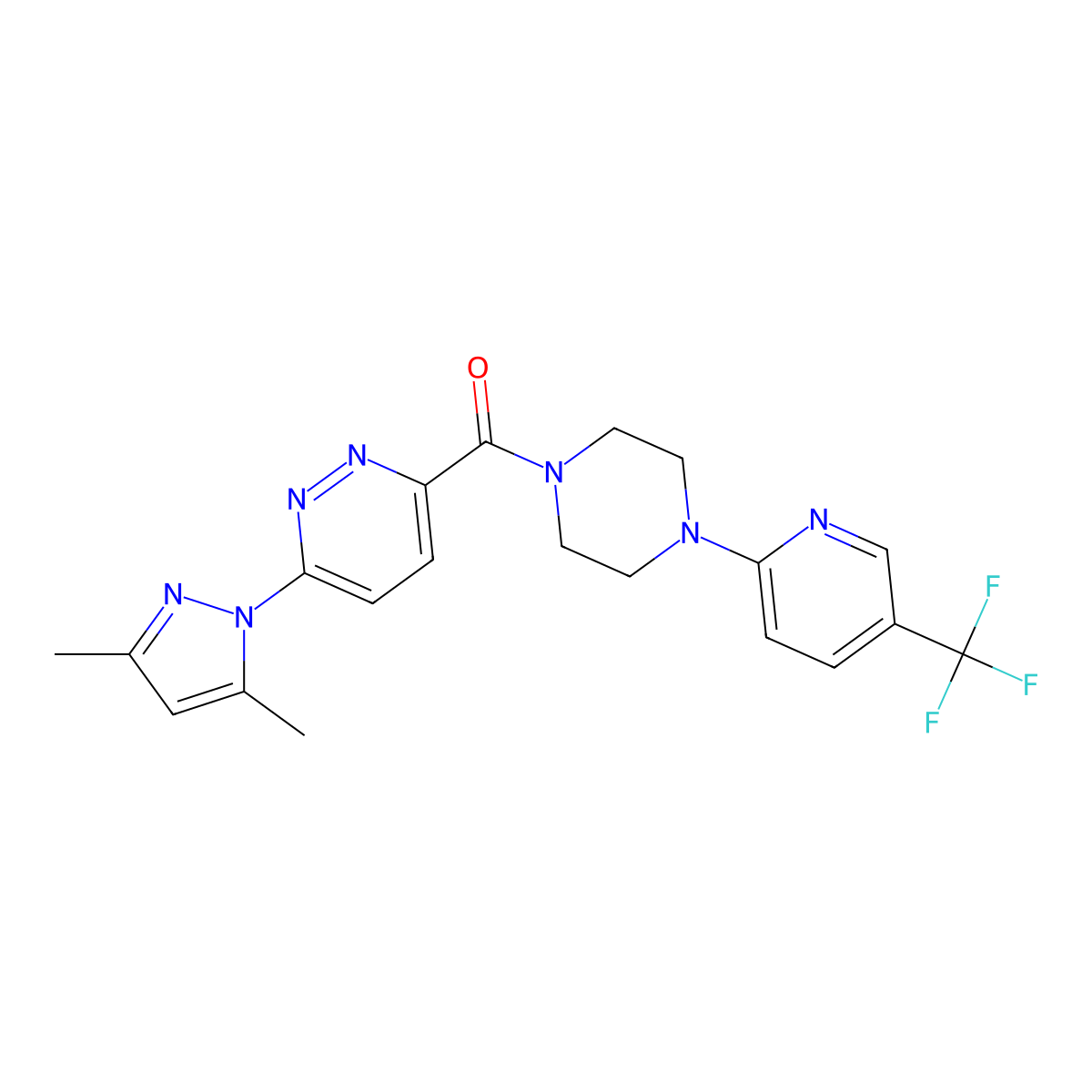 (6-(3,5-dimethyl-1H-pyrazol-1-yl)pyridazin-3-yl)(4-(5-(trifluoromethyl)pyridin-2-yl)piperazin-1-yl)methanone molecular structure, CAS 1351610-76-8