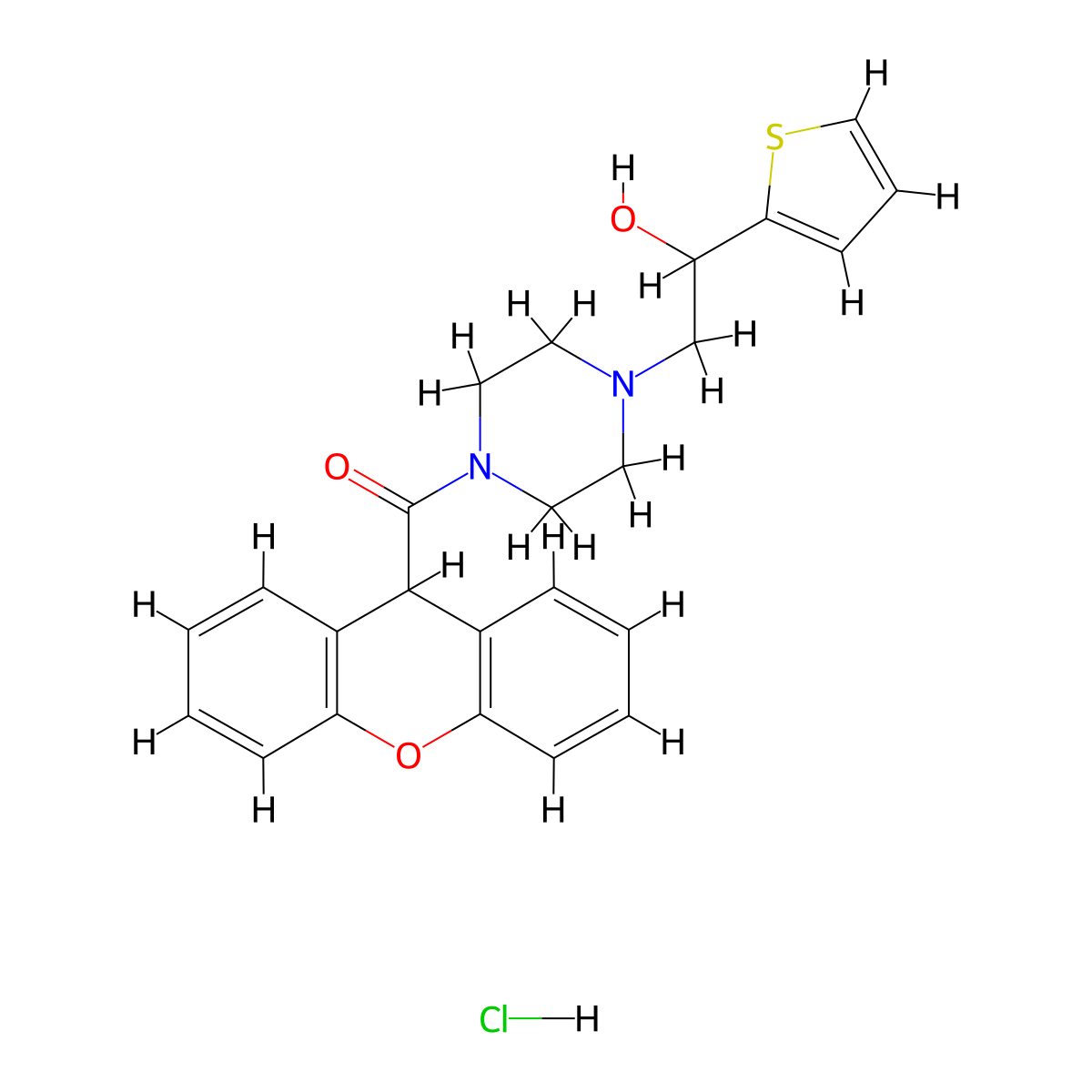 (4-(2-hydroxy-2-(thiophen-2-yl)ethyl)piperazin-1-yl)(9H-xanthen-9-yl)methanone hydrochloride molecular structure, CAS 1351610-84-8