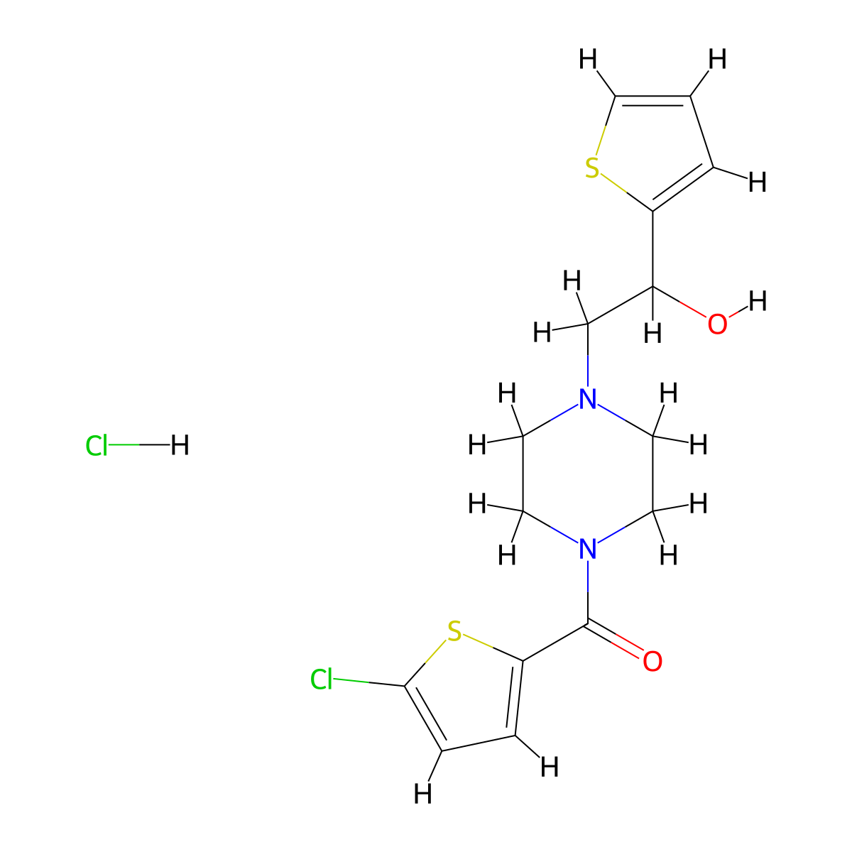 (5-Chlorothiophen-2-yl)(4-(2-hydroxy-2-(thiophen-2-yl)ethyl)piperazin-1-yl)methanone hydrochloride molecular structure, CAS 1351610-87-1