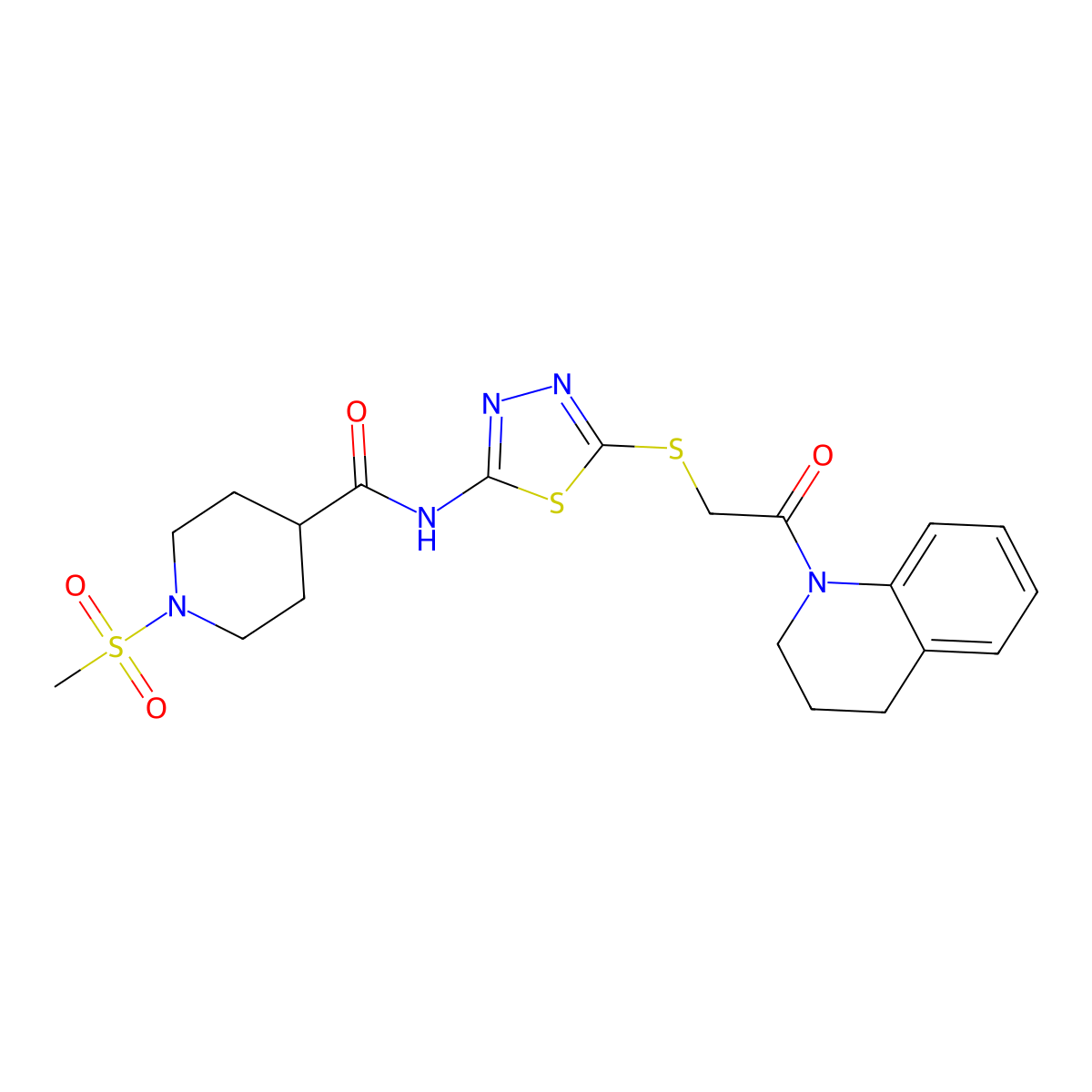 N-(5-((2-(3,4-dihydroquinolin-1(2H)-yl)-2-oxoethyl)thio)-1,3,4-thiadiazol-2-yl)-1-(methylsulfonyl)piperidine-4-carboxamide molecular structure, CAS 1351611-16-9