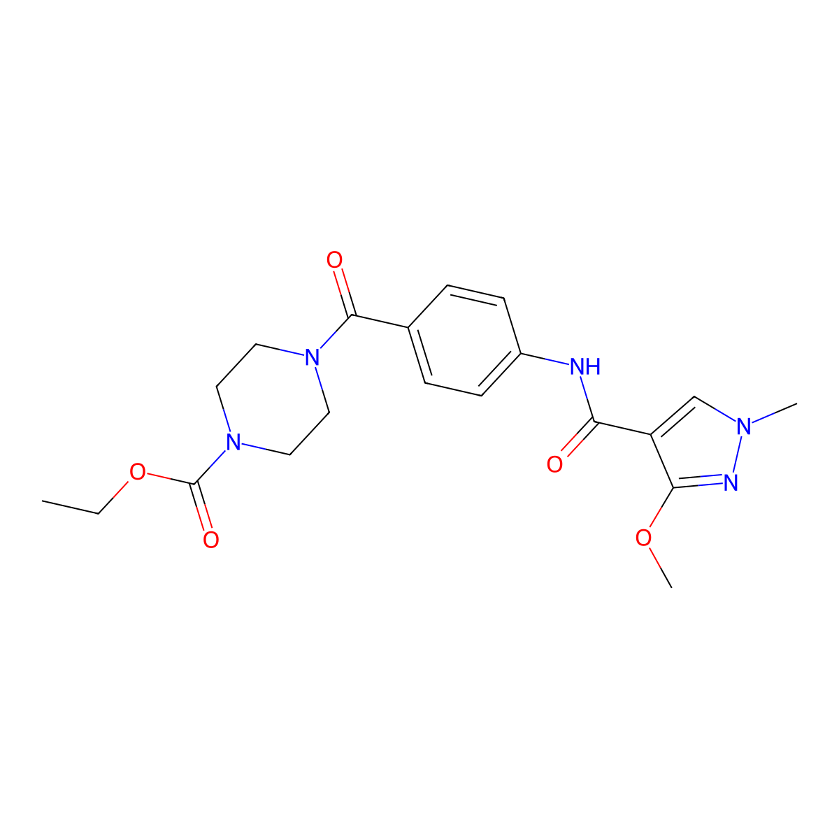 ethyl 4-[4-(3-methoxy-1-methyl-1H-pyrazole-4-amido)benzoyl]piperazine-1-carboxylate molecular structure, CAS 1351611-25-0