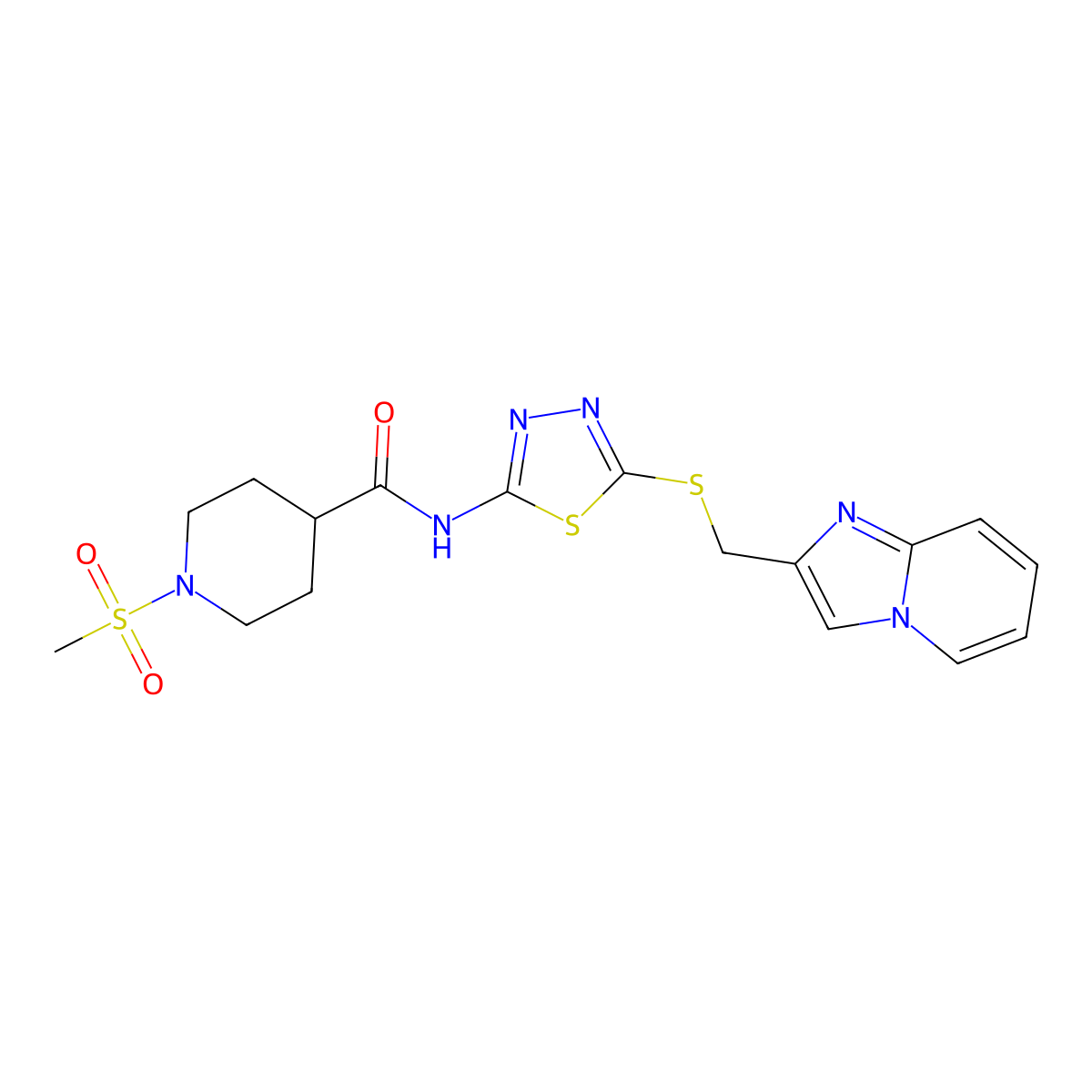 N-(5-((imidazo[1,2-a]pyridin-2-ylmethyl)thio)-1,3,4-thiadiazol-2-yl)-1-(methylsulfonyl)piperidine-4-carboxamide molecular structure, CAS 1351611-26-1