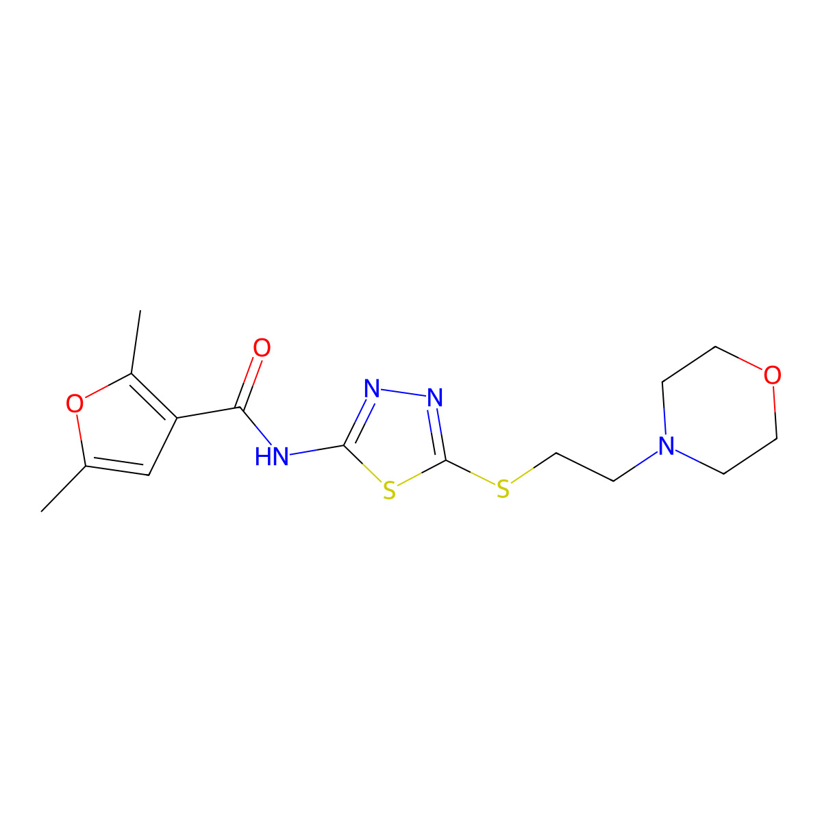 2,5-dimethyl-N-(5-((2-morpholinoethyl)thio)-1,3,4-thiadiazol-2-yl)furan-3-carboxamide molecular structure, CAS 1351611-49-8