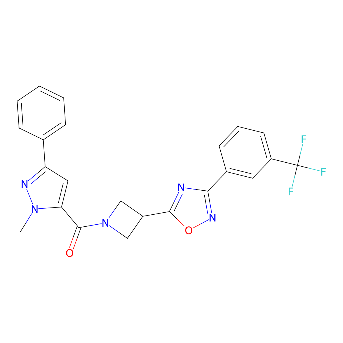 (1-methyl-3-phenyl-1H-pyrazol-5-yl)(3-(3-(3-(trifluoromethyl)phenyl)-1,2,4-oxadiazol-5-yl)azetidin-1-yl)methanone molecular structure, CAS 1351611-52-3
