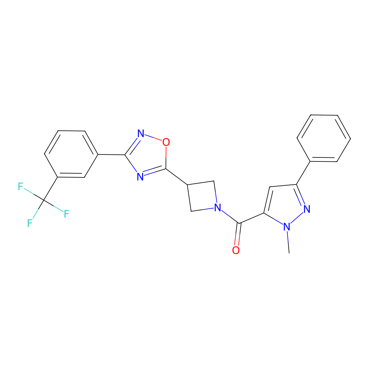 (1-methyl-3-phenyl-1H-pyrazol-5-yl)(3-(3-(3-(trifluoromethyl)phenyl)-1,2,4-oxadiazol-5-yl)azetidin-1-yl)methanone molecular structure, CAS 1351611-52-3