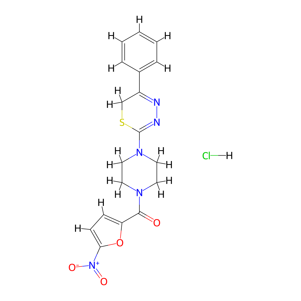(5-nitrofuran-2-yl)(4-(5-phenyl-6H-1,3,4-thiadiazin-2-yl)piperazin-1-yl)methanone hydrochloride molecular structure, CAS 1351611-62-5