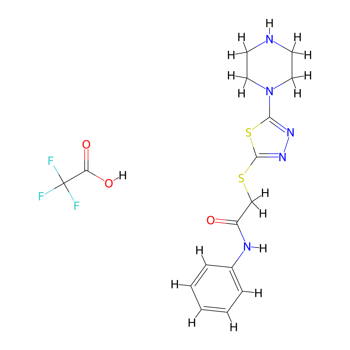 N-phenyl-2-((5-(piperazin-1-yl)-1,3,4-thiadiazol-2-yl)thio)acetamide 2,2,2-trifluoroacetate molecular structure, CAS 1351611-72-7