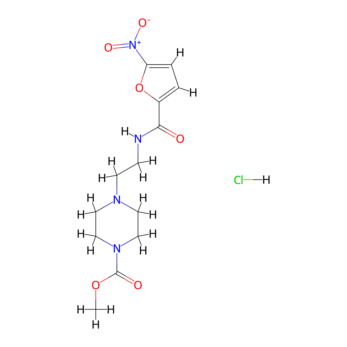 Methyl 4-(2-(5-nitrofuran-2-carboxamido)ethyl)piperazine-1-carboxylate hydrochloride molecular structure, CAS 1351612-03-7