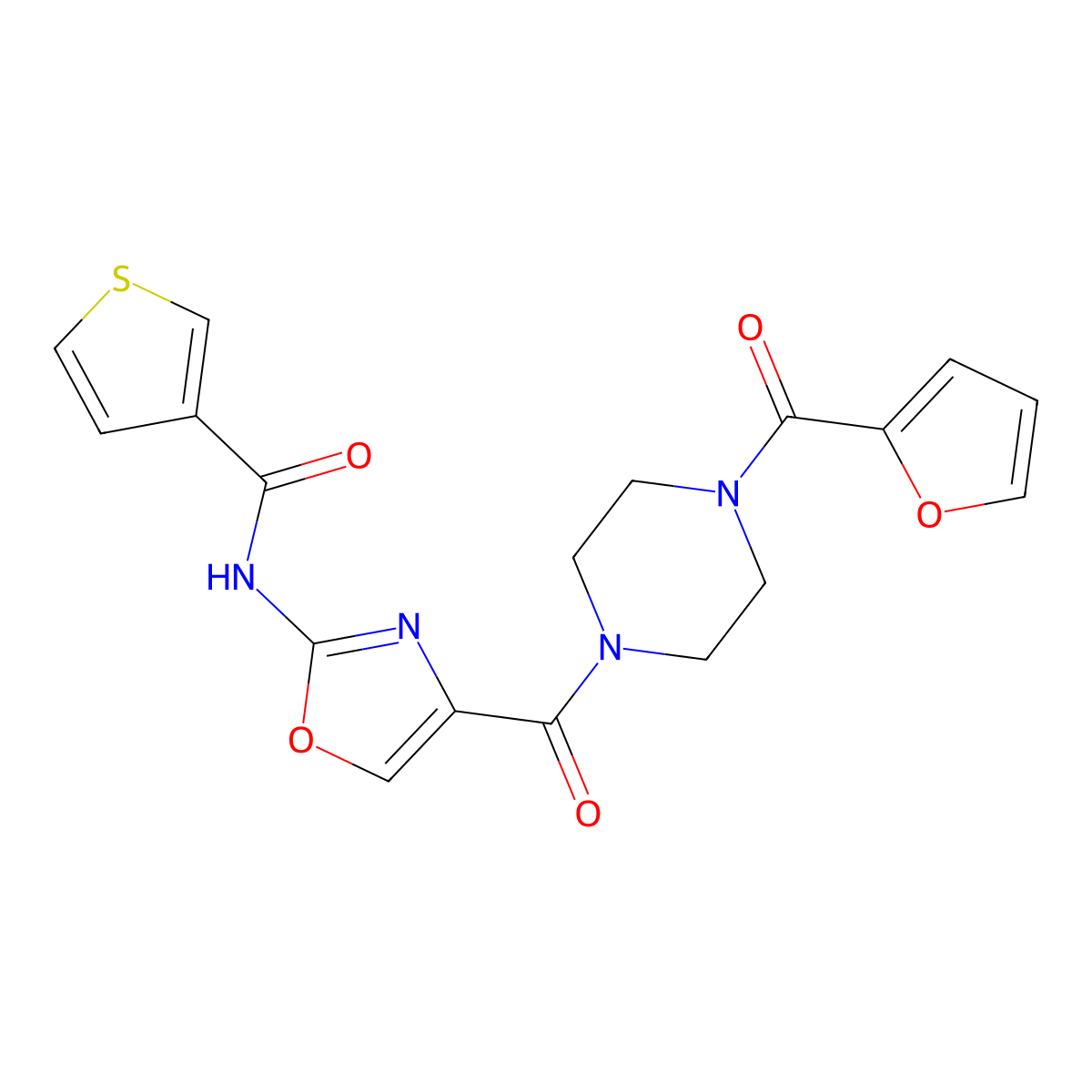 N-(4-(4-(furan-2-carbonyl)piperazine-1-carbonyl)oxazol-2-yl)thiophene-3-carboxamide molecular structure, CAS 1351612-20-8