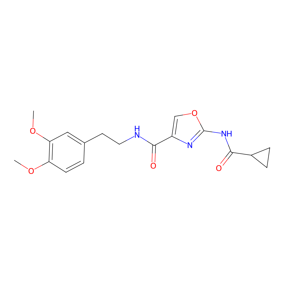 2-(cyclopropanecarboxamido)-N-(3,4-dimethoxyphenethyl)oxazole-4-carboxamide molecular structure, CAS 1351612-34-4