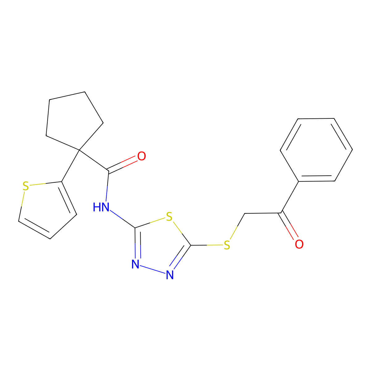 N-{5-[(2-oxo-2-phenylethyl)sulfanyl]-1,3,4-thiadiazol-2-yl}-1-(thiophen-2-yl)cyclopentane-1-carboxamide molecular structure, CAS 1351612-40-2