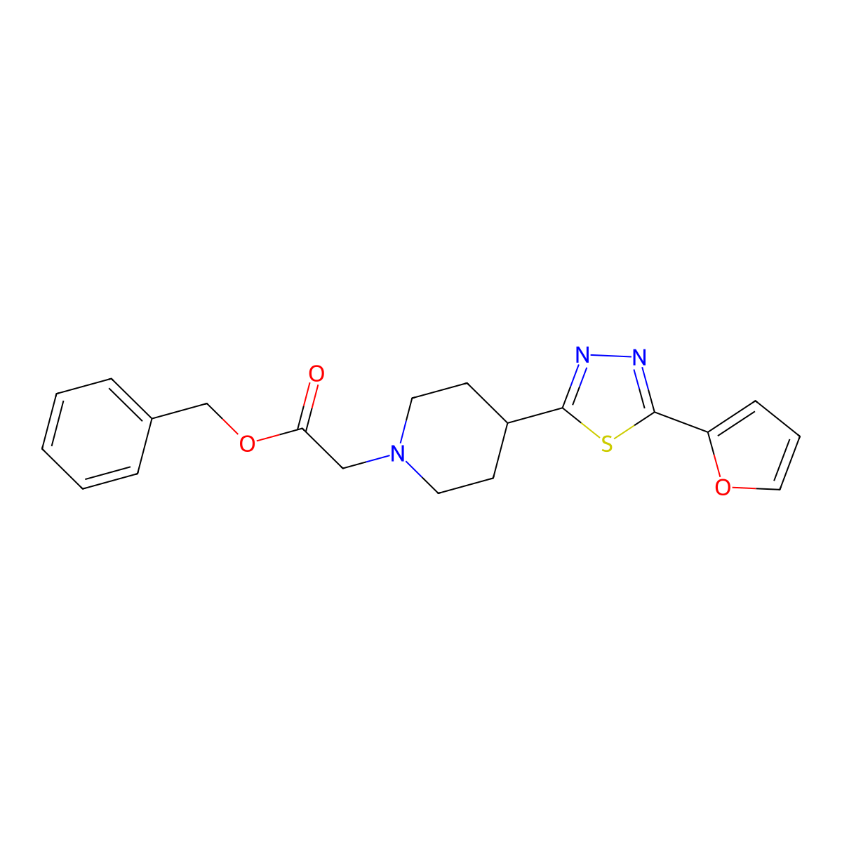 Benzyl 2-(4-(5-(furan-2-yl)-1,3,4-thiadiazol-2-yl)piperidin-1-yl)acetate molecular structure, CAS 1351612-43-5