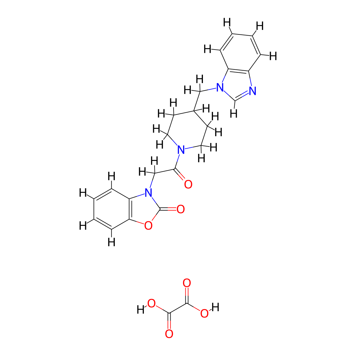 3-(2-(4-((1H-benzo[d]imidazol-1-yl)methyl)piperidin-1-yl)-2-oxoethyl)benzo[d]oxazol-2(3H)-one oxalate molecular structure, CAS 1351612-44-6
