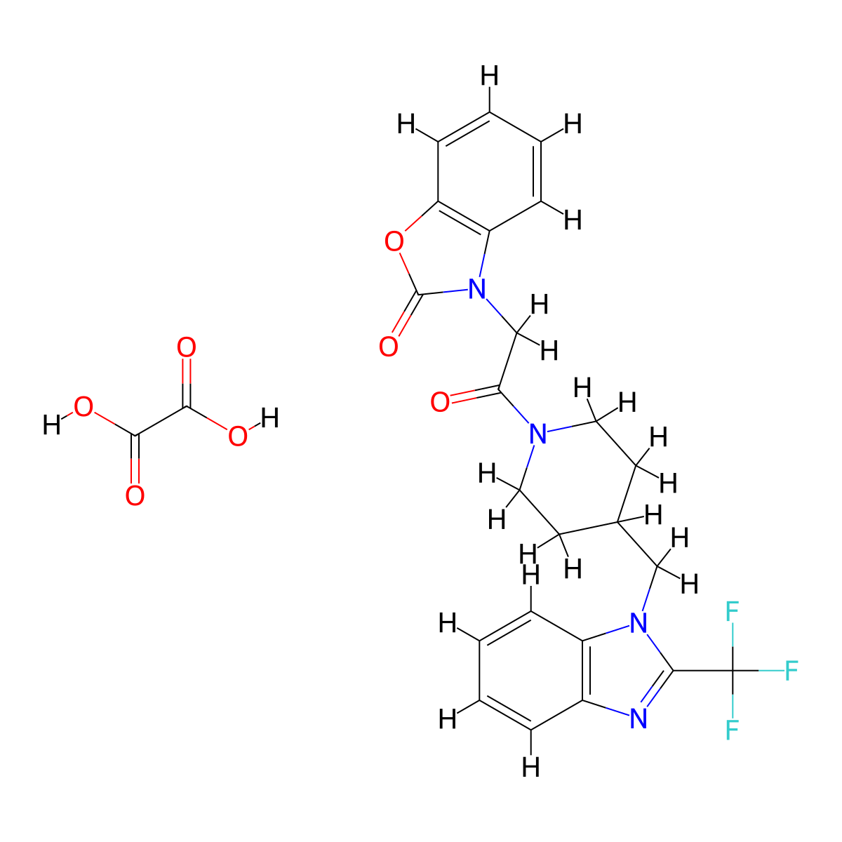 3-(2-oxo-2-(4-((2-(trifluoromethyl)-1H-benzo[d]imidazol-1-yl)methyl)piperidin-1-yl)ethyl)benzo[d]oxazol-2(3H)-one oxalate molecular structure, CAS 1351612-49-1