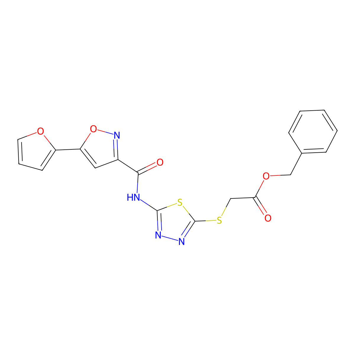 Benzyl 2-((5-(5-(furan-2-yl)isoxazole-3-carboxamido)-1,3,4-thiadiazol-2-yl)thio)acetate molecular structure, CAS 1351612-74-2