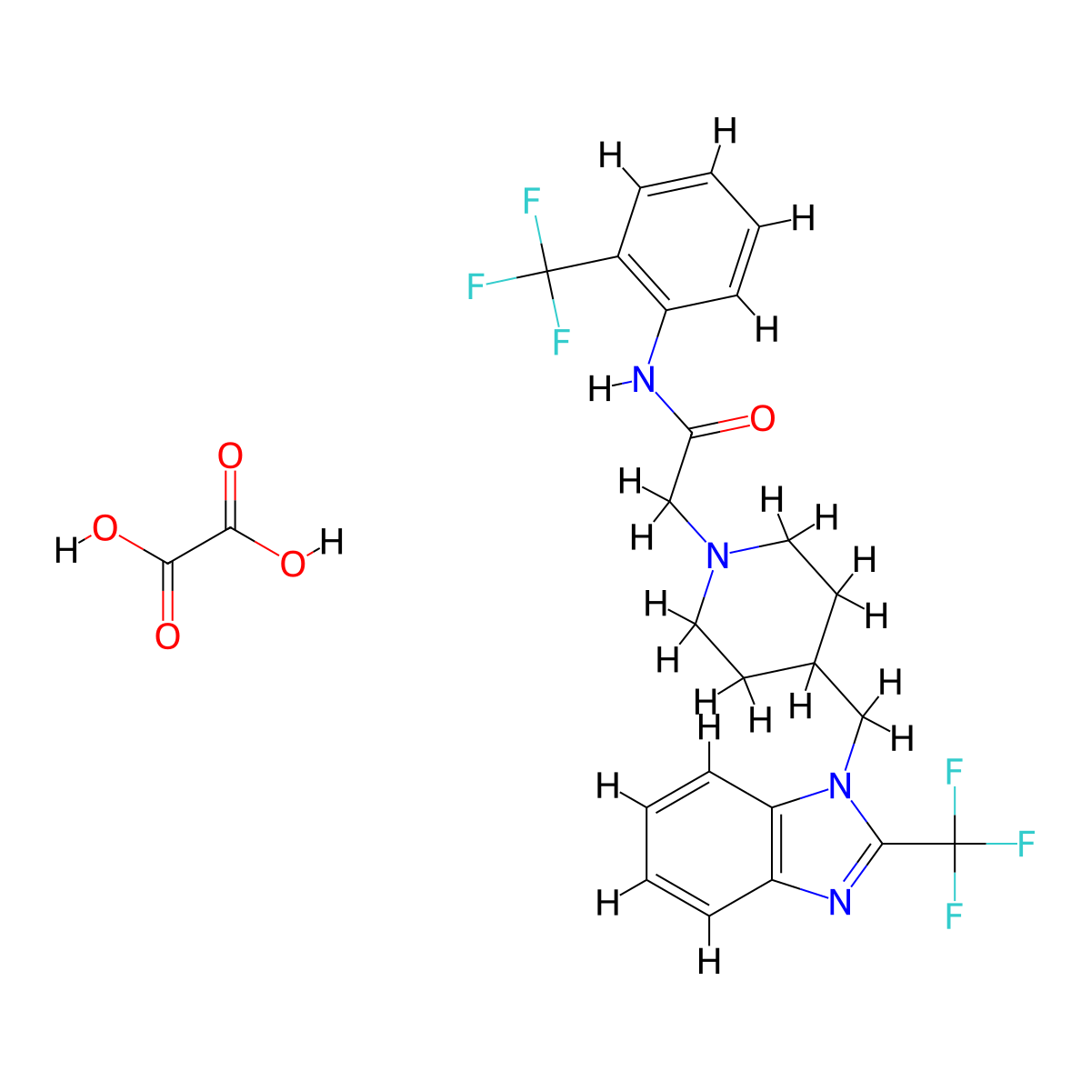 2-(4-((2-(trifluoromethyl)-1H-benzo[d]imidazol-1-yl)methyl)piperidin-1-yl)-N-(2-(trifluoromethyl)phenyl)acetamide oxalate molecular structure, CAS 1351612-85-5