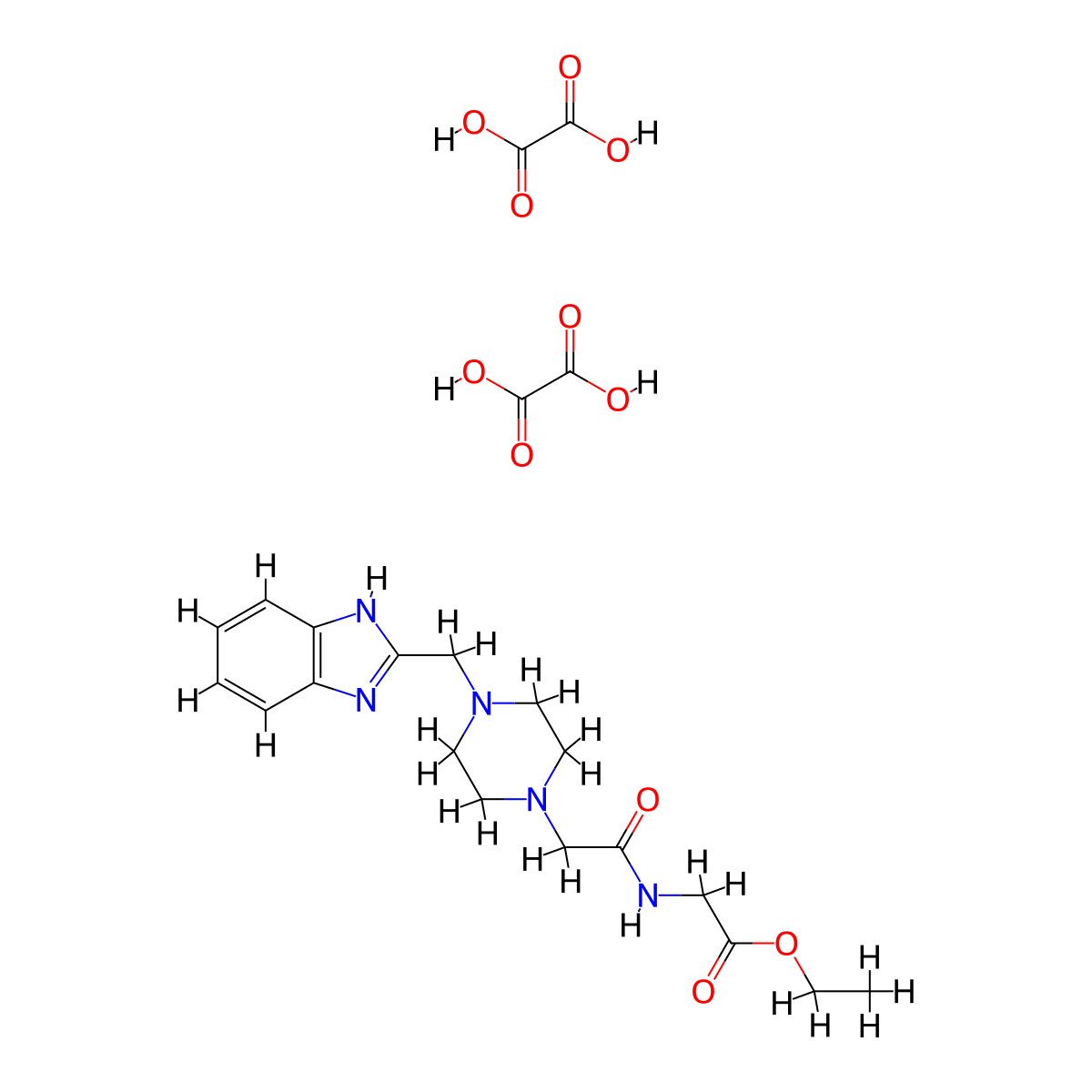 ethyl 2-(2-(4-((1H-benzo[d]imidazol-2-yl)methyl)piperazin-1-yl)acetamido)acetate dioxalate molecular structure, CAS 1351612-92-4