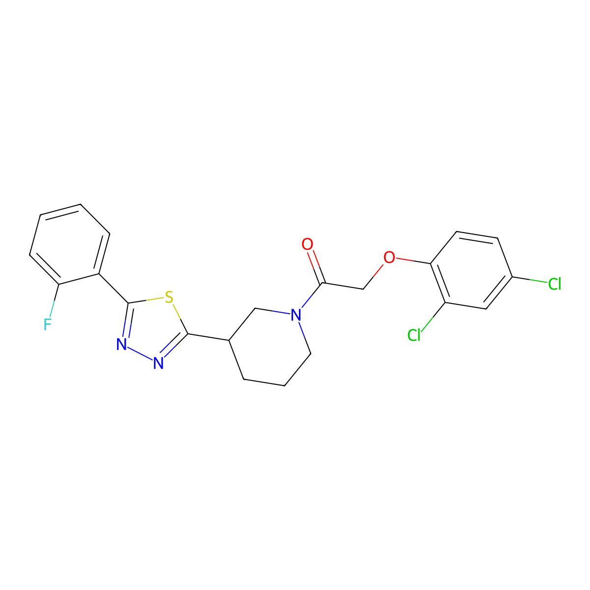 2-(2,4-Dichlorophenoxy)-1-(3-(5-(2-fluorophenyl)-1,3,4-thiadiazol-2-yl)piperidin-1-yl)ethanone molecular structure, CAS 1351613-06-3
