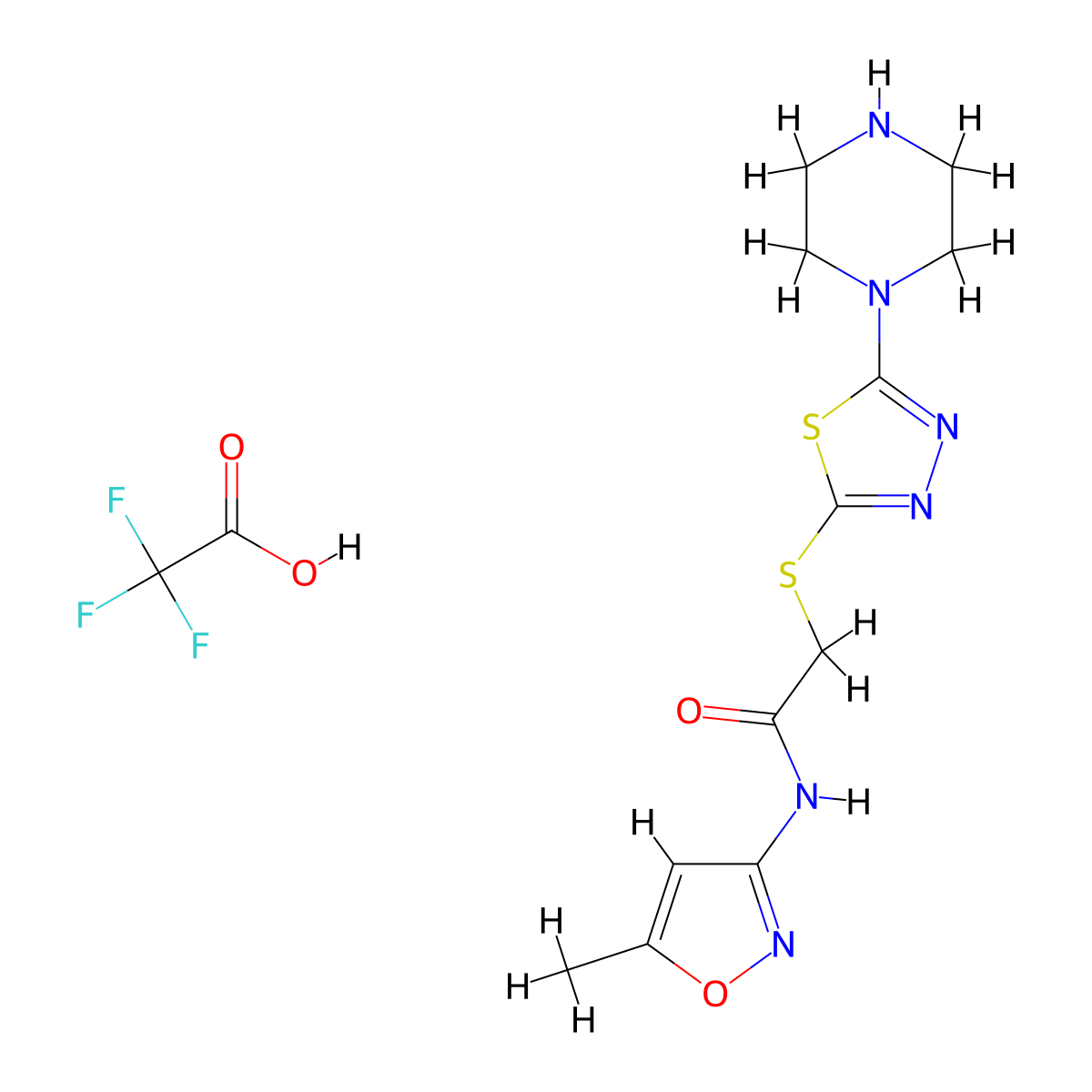 N-(5-methylisoxazol-3-yl)-2-((5-(piperazin-1-yl)-1,3,4-thiadiazol-2-yl)thio)acetamide 2,2,2-trifluoroacetate molecular structure, CAS 1351613-08-5