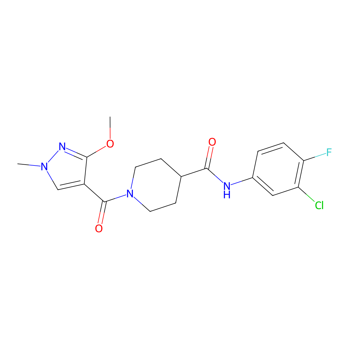 N-(3-chloro-4-fluorophenyl)-1-(3-methoxy-1-methyl-1H-pyrazole-4-carbonyl)piperidine-4-carboxamide molecular structure, CAS 1351613-17-6