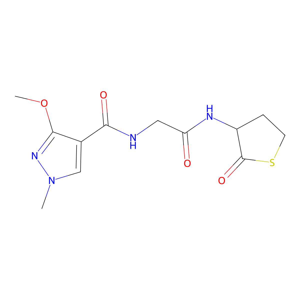 3-methoxy-1-methyl-N-(2-oxo-2-((2-oxotetrahydrothiophen-3-yl)amino)ethyl)-1H-pyrazole-4-carboxamide molecular structure, CAS 1351613-22-3