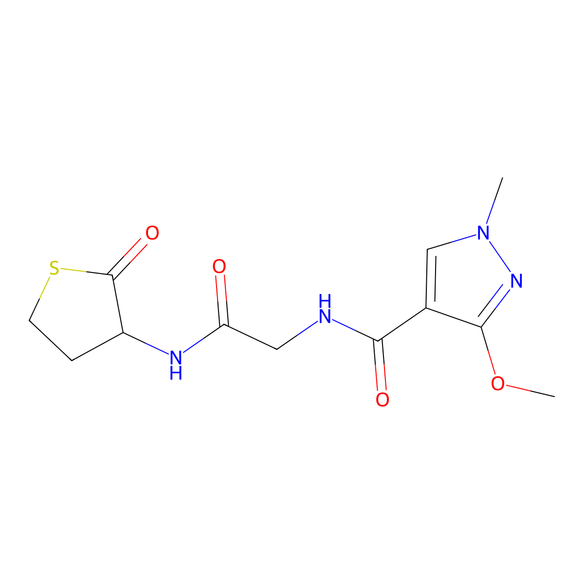 3-methoxy-1-methyl-N-(2-oxo-2-((2-oxotetrahydrothiophen-3-yl)amino)ethyl)-1H-pyrazole-4-carboxamide molecular structure, CAS 1351613-22-3