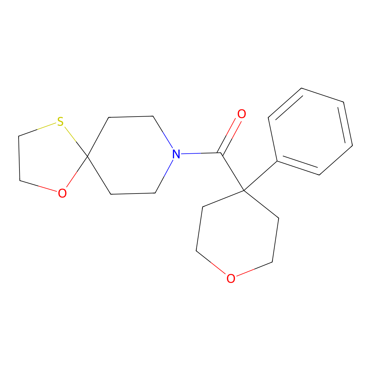 (4-phenyltetrahydro-2H-pyran-4-yl)(1-oxa-4-thia-8-azaspiro[4.5]decan-8-yl)methanone molecular structure, CAS 1351613-41-6