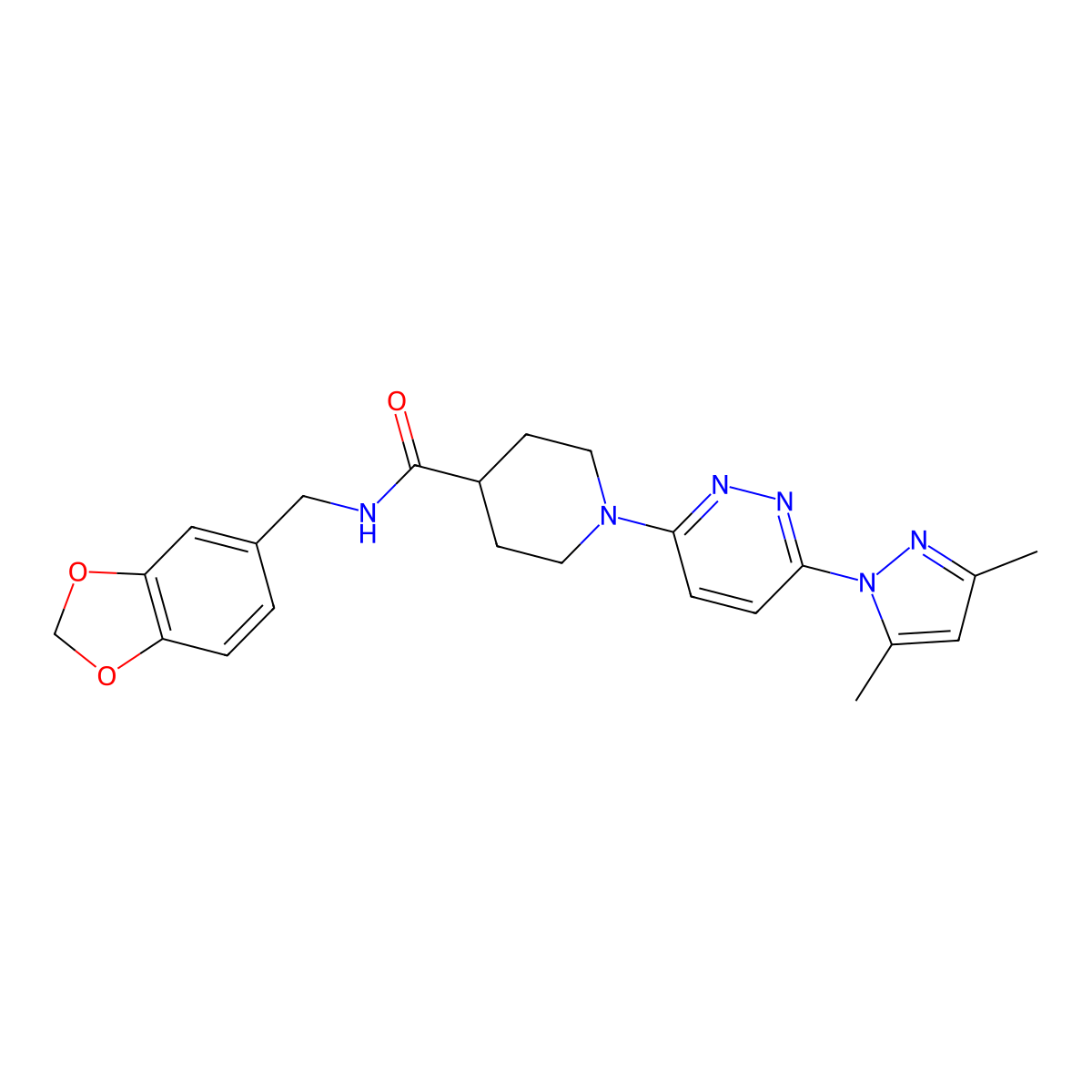 N-(benzo[d][1,3]dioxol-5-ylmethyl)-1-(6-(3,5-dimethyl-1H-pyrazol-1-yl)pyridazin-3-yl)piperidine-4-carboxamide molecular structure, CAS 1351613-44-9