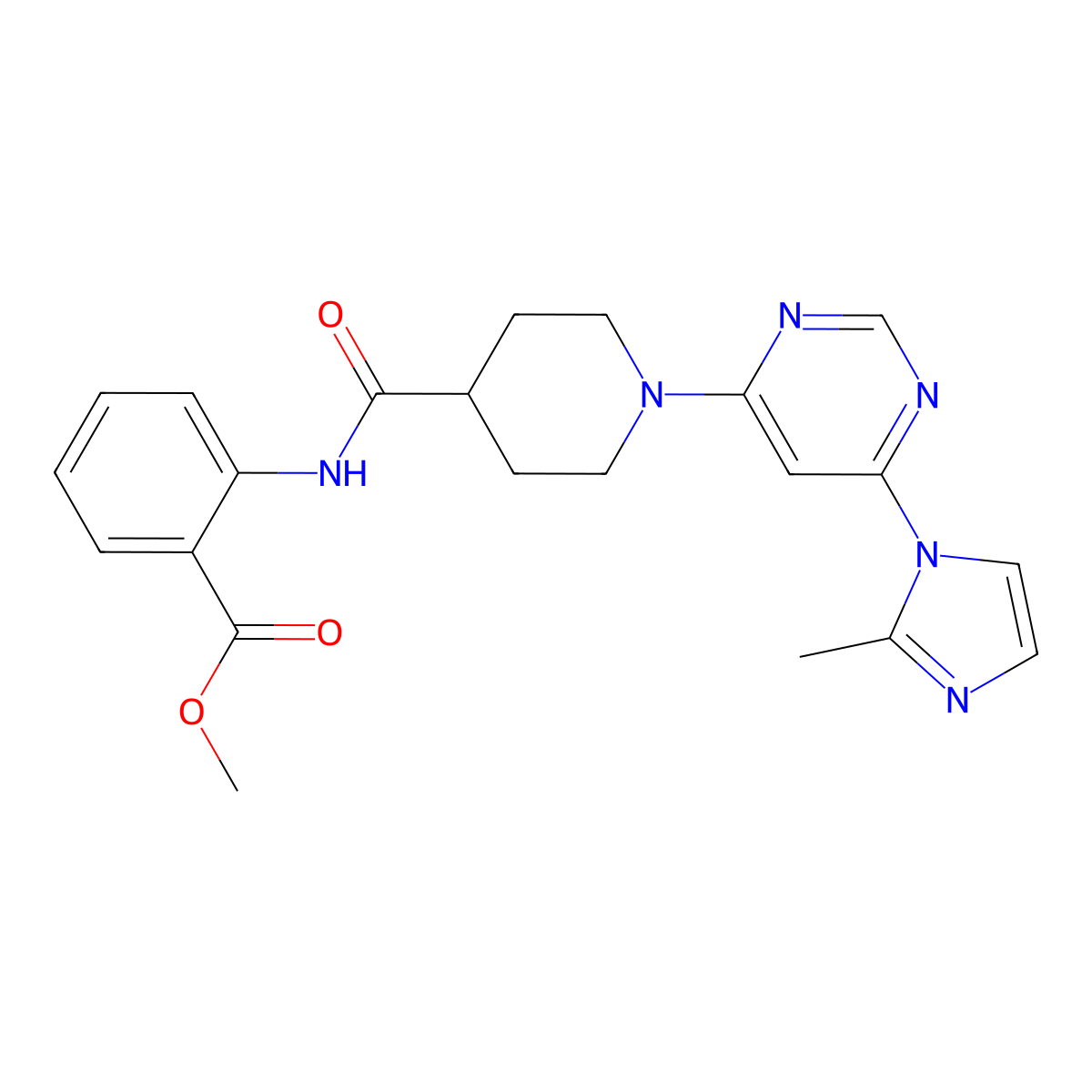 methyl 2-(1-(6-(2-methyl-1H-imidazol-1-yl)pyrimidin-4-yl)piperidine-4-carboxamido)benzoate molecular structure, CAS 1351613-46-1