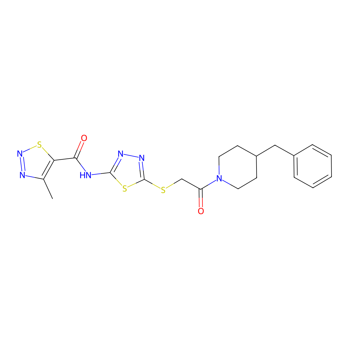N-(5-((2-(4-benzylpiperidin-1-yl)-2-oxoethyl)thio)-1,3,4-thiadiazol-2-yl)-4-methyl-1,2,3-thiadiazole-5-carboxamide molecular structure, CAS 1351613-64-3
