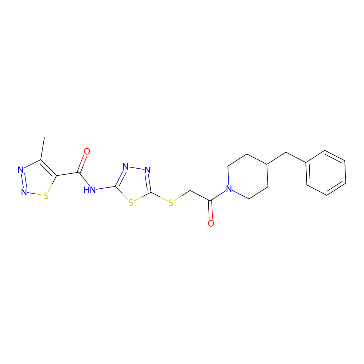 N-(5-((2-(4-benzylpiperidin-1-yl)-2-oxoethyl)thio)-1,3,4-thiadiazol-2-yl)-4-methyl-1,2,3-thiadiazole-5-carboxamide molecular structure, CAS 1351613-64-3
