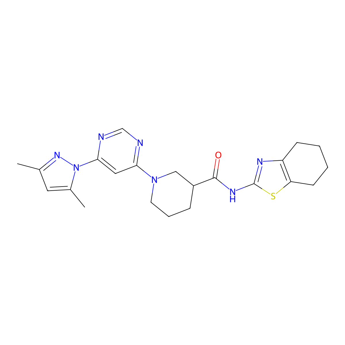 1-(6-(3,5-dimethyl-1H-pyrazol-1-yl)pyrimidin-4-yl)-N-(4,5,6,7-tetrahydrobenzo[d]thiazol-2-yl)piperidine-3-carboxamide molecular structure, CAS 1351613-69-8