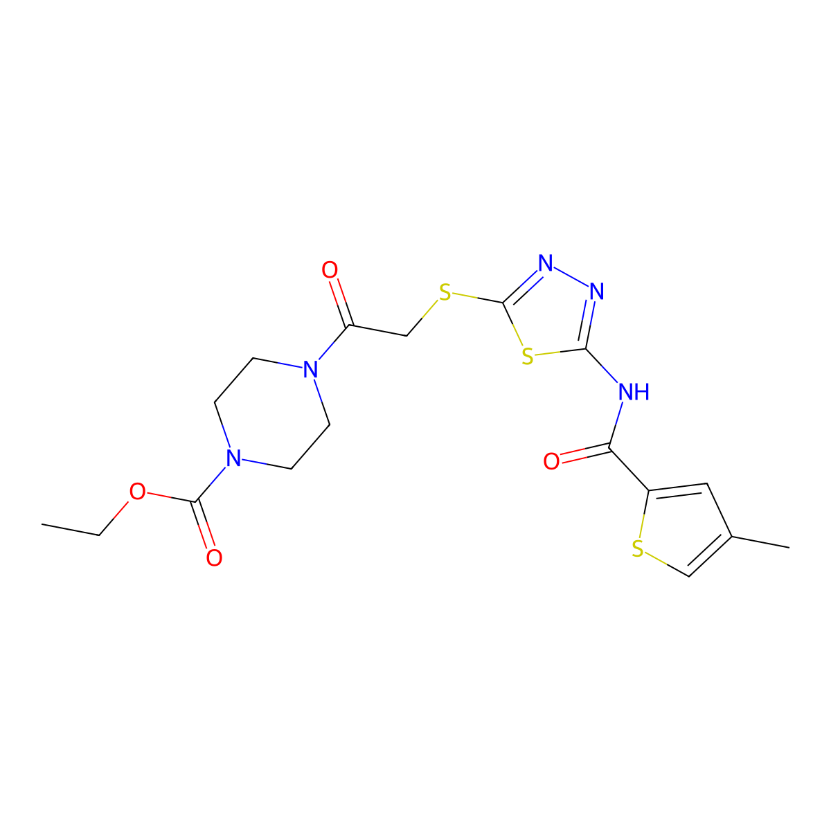 Ethyl 4-(2-((5-(4-methylthiophene-2-carboxamido)-1,3,4-thiadiazol-2-yl)thio)acetyl)piperazine-1-carboxylate molecular structure, CAS 1351613-70-1