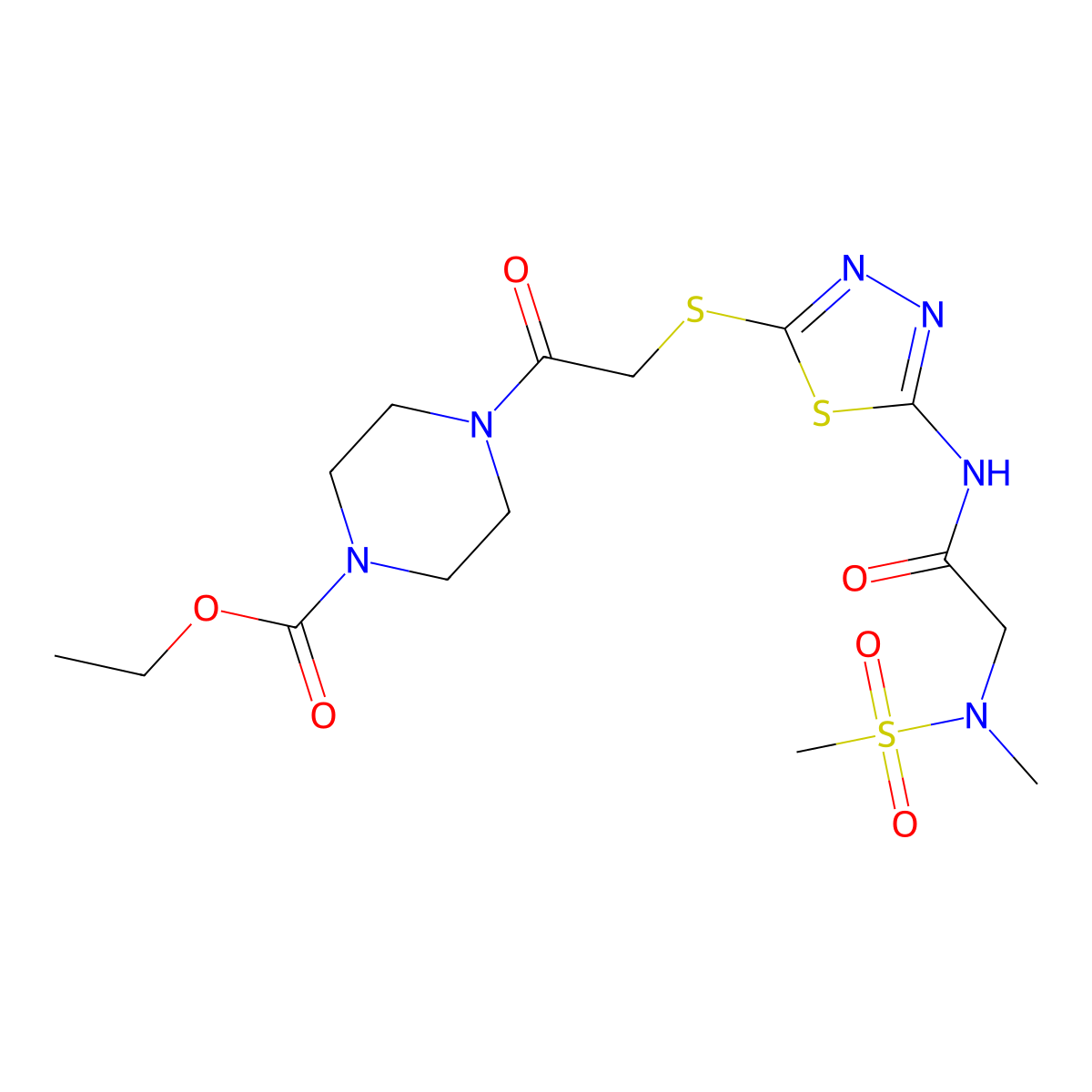 ethyl 4-(2-((5-(2-(N-methylmethylsulfonamido)acetamido)-1,3,4-thiadiazol-2-yl)thio)acetyl)piperazine-1-carboxylate molecular structure, CAS 1351613-76-7